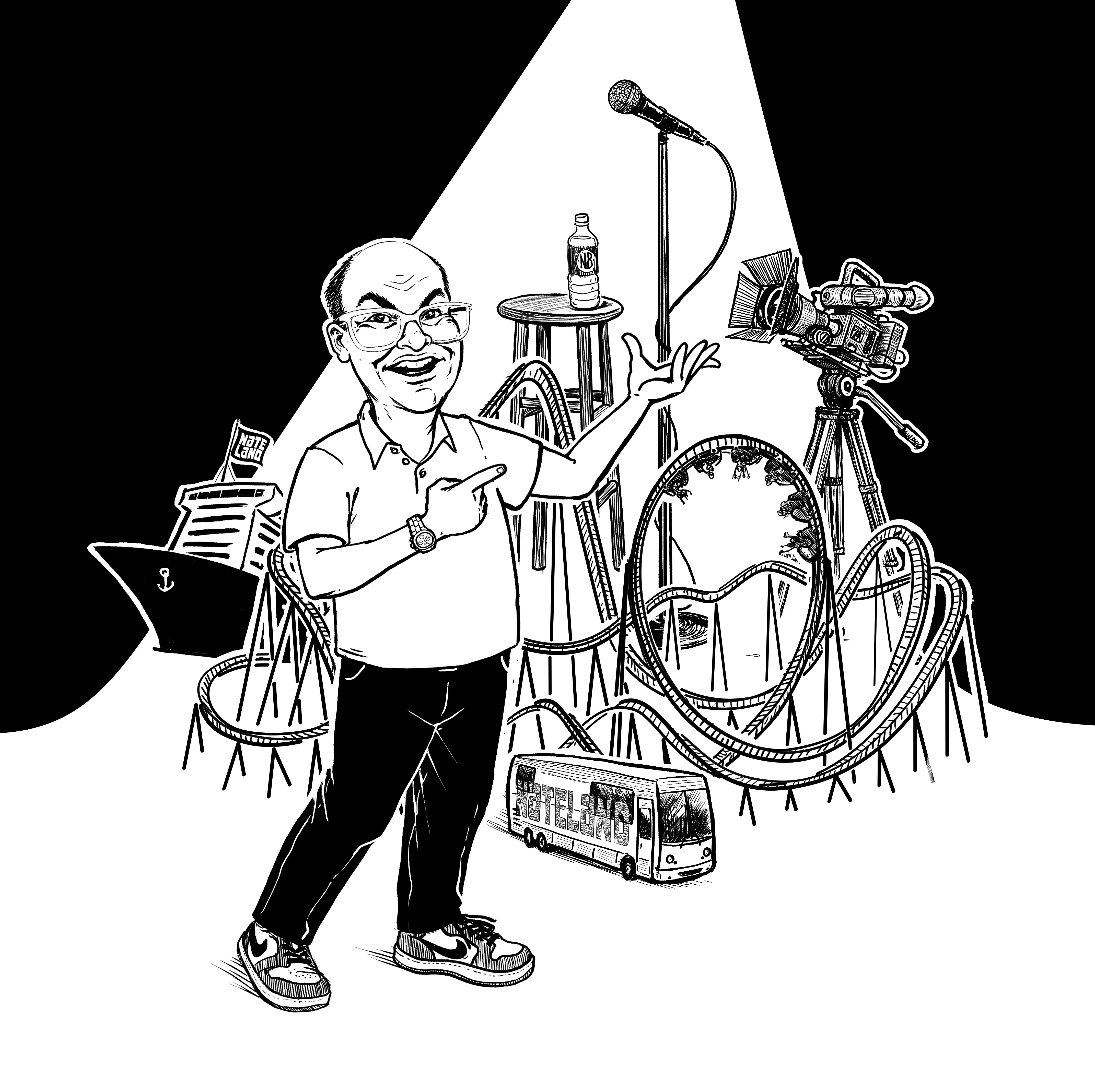 Sketch of man near microphone