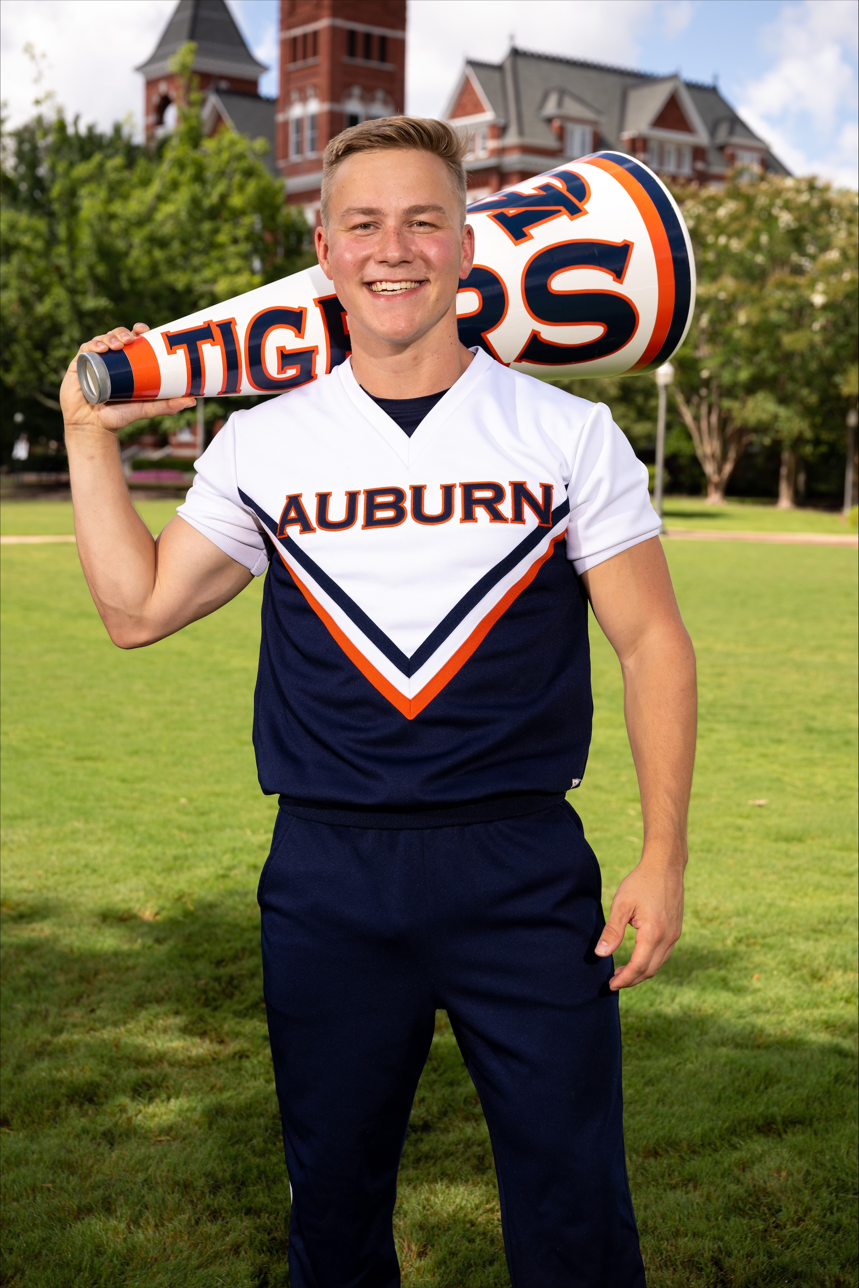 Luke Martin cheerleader with bullhorn