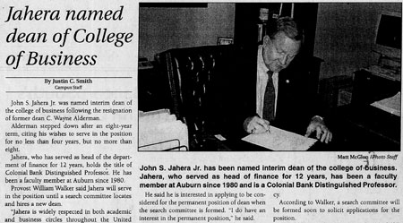 Newspaper Clipping John Jahera named Interim Dean