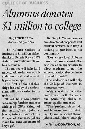 Newspaper Clipping $1 million gift from Alumnus Bennie Bray